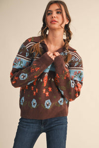 FUZZY FLORAL KNIT COLLARED SWEATER