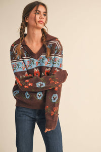 FUZZY FLORAL KNIT COLLARED SWEATER