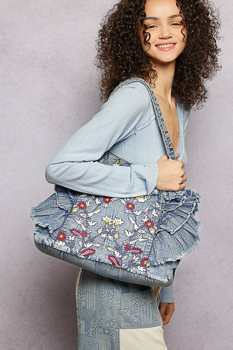 POL Vintage Wash Embroidered Ruffle Denim Tote Bag