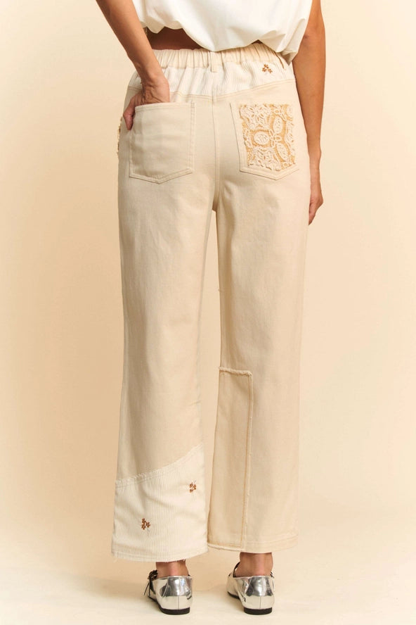 Contrasting Fabric Patch Stretch Denim Jeans