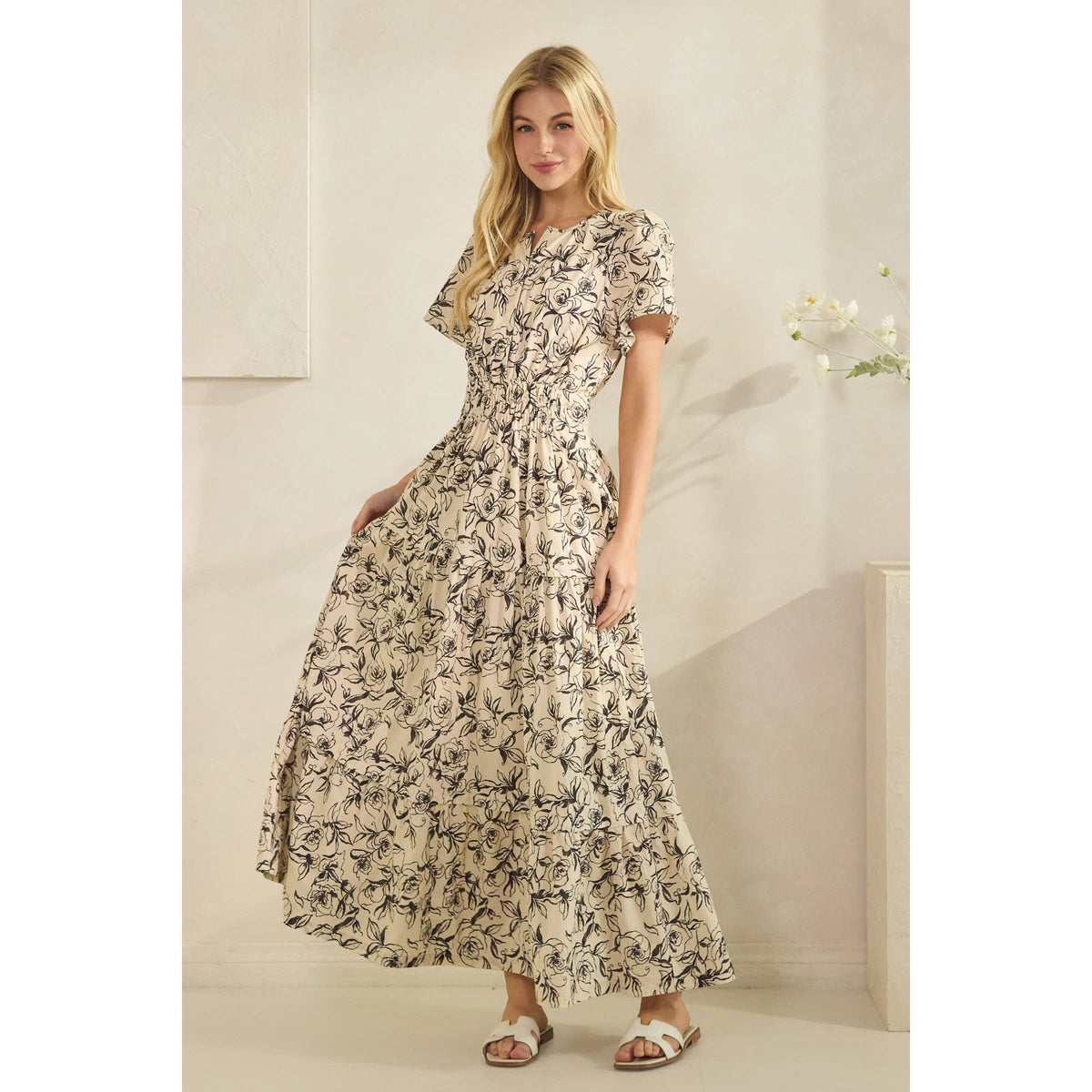 Romantic Rose Print Smocked Tiered Short Sleeve Maxi Dress