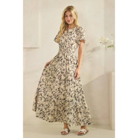 Romantic Rose Print Smocked Tiered Short Sleeve Maxi Dress