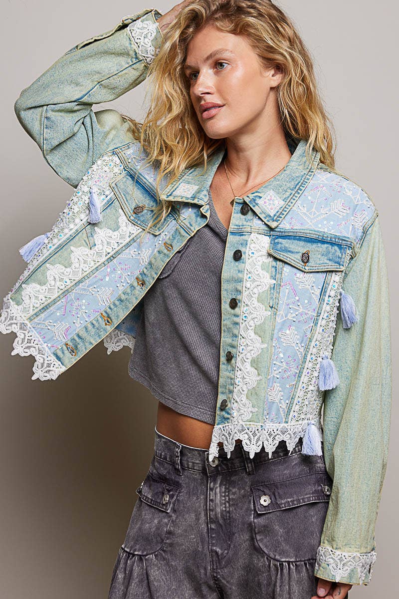 POL Vintage Embroidered Sparkle Metal Button Down Denim Jacket