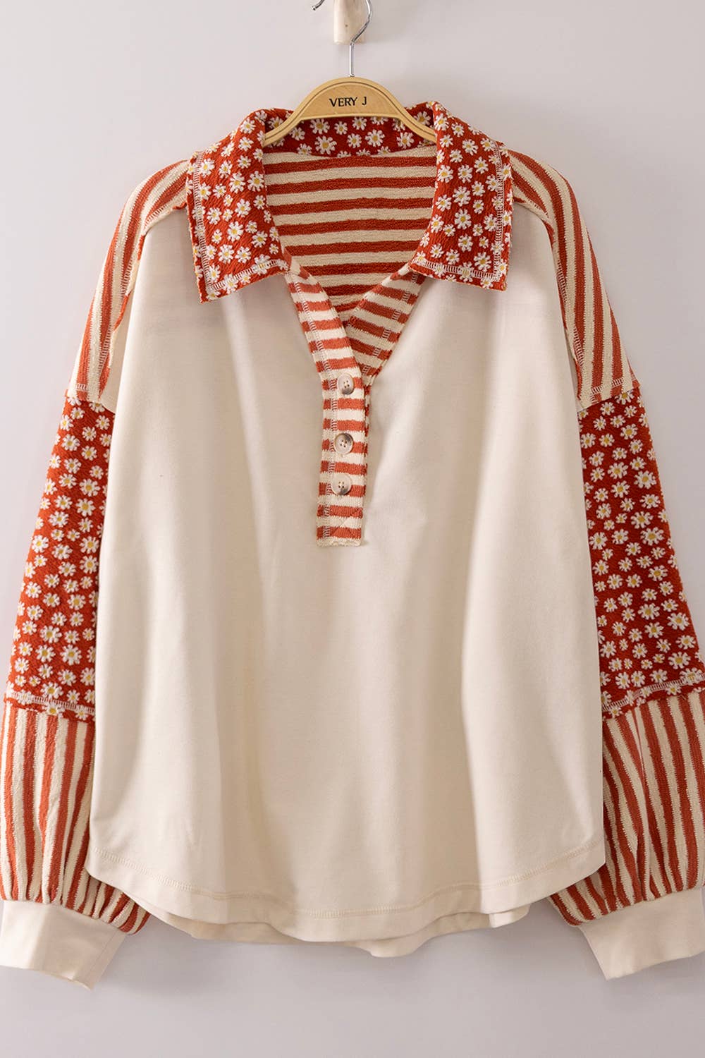 Soft Mixed-Media Floral & Stripe Oversized Collared Top