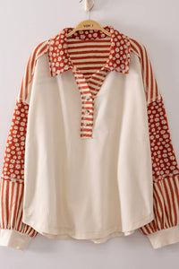 Soft Mixed-Media Floral & Stripe Oversized Collared Top