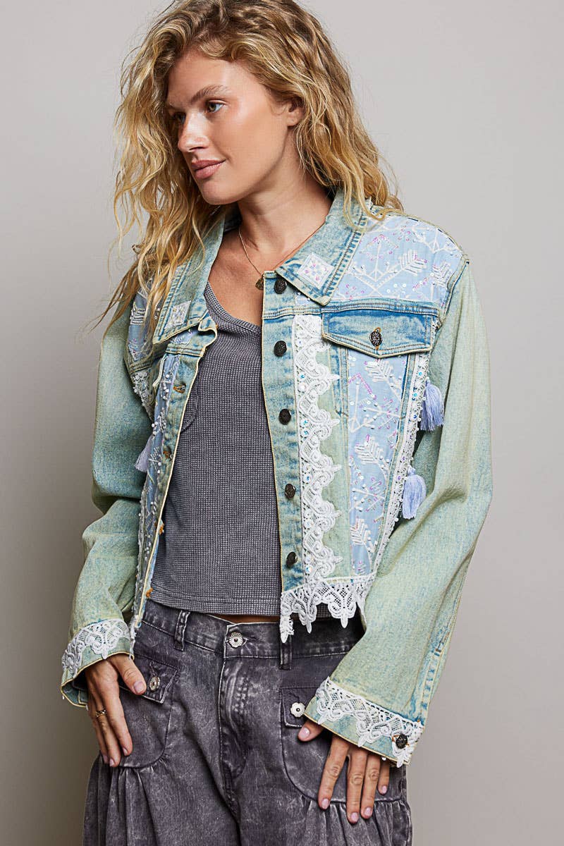 POL Vintage Embroidered Sparkle Metal Button Down Denim Jacket