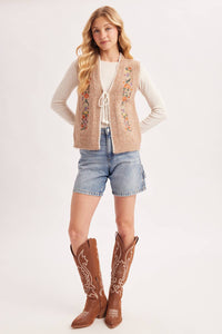 Vintage Embroidered Self-Tie Front Knit Vest