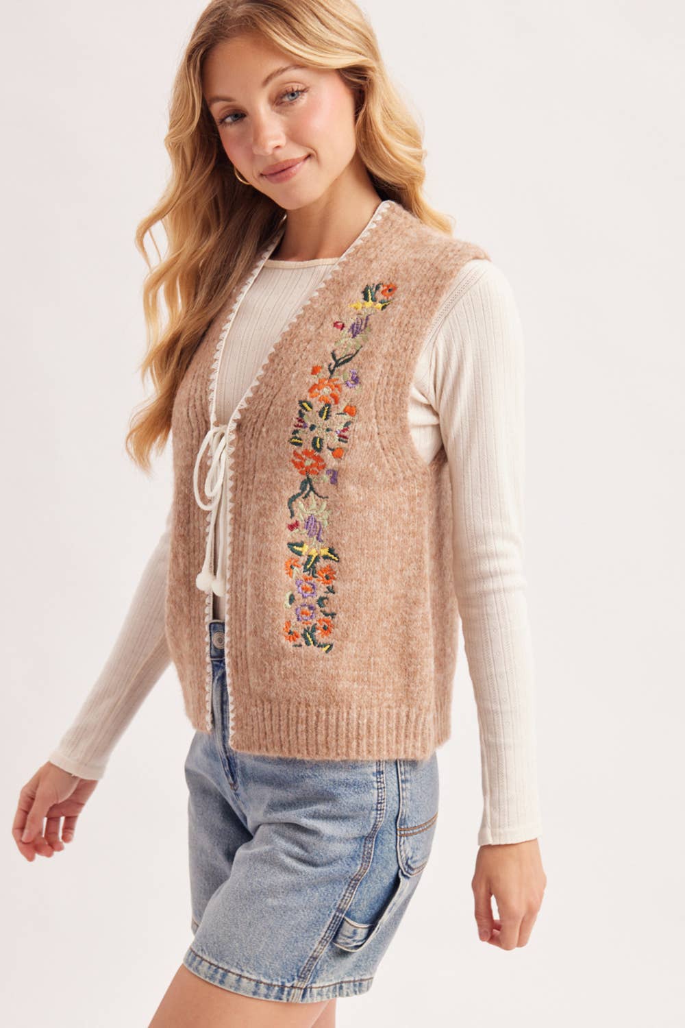 Vintage Embroidered Self-Tie Front Knit Vest