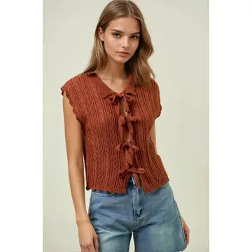 Cassidy Tie Front Collared Knit Vest in Clay