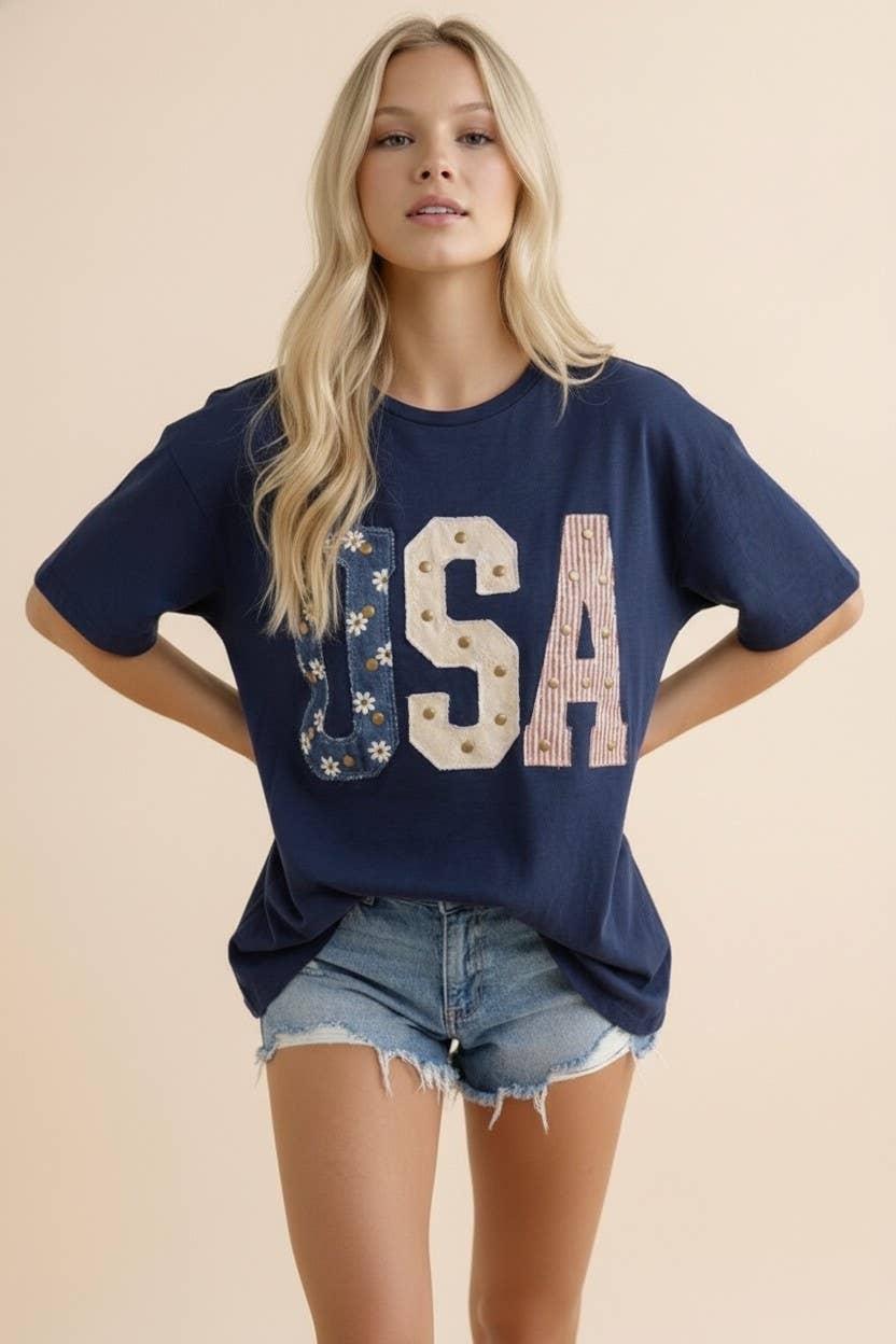 Patriot Navy Studded USA Mixed-Media Tee
