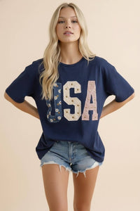 Patriot Navy Studded USA Mixed-Media Tee