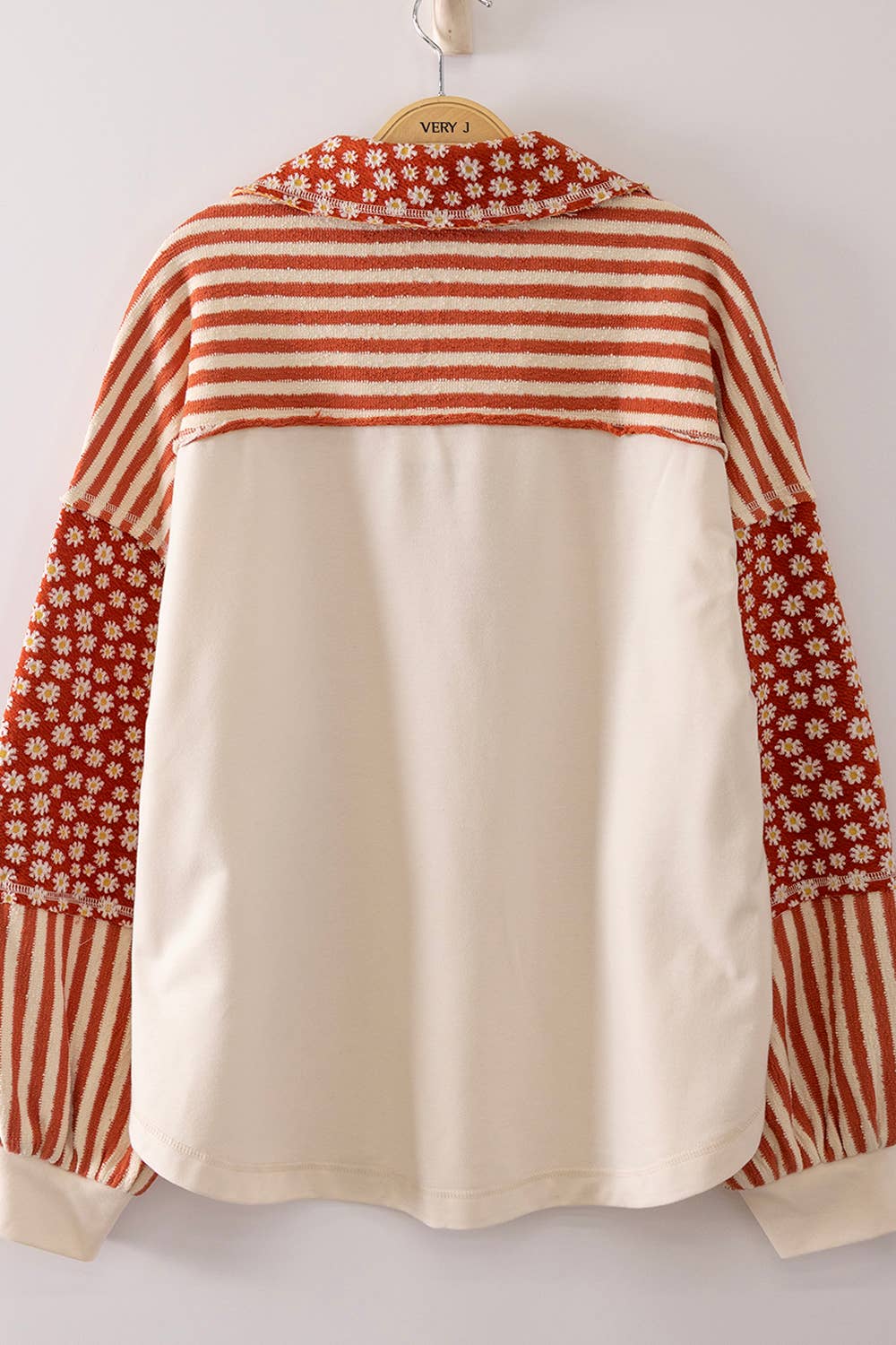 Soft Mixed-Media Floral & Stripe Oversized Collared Top