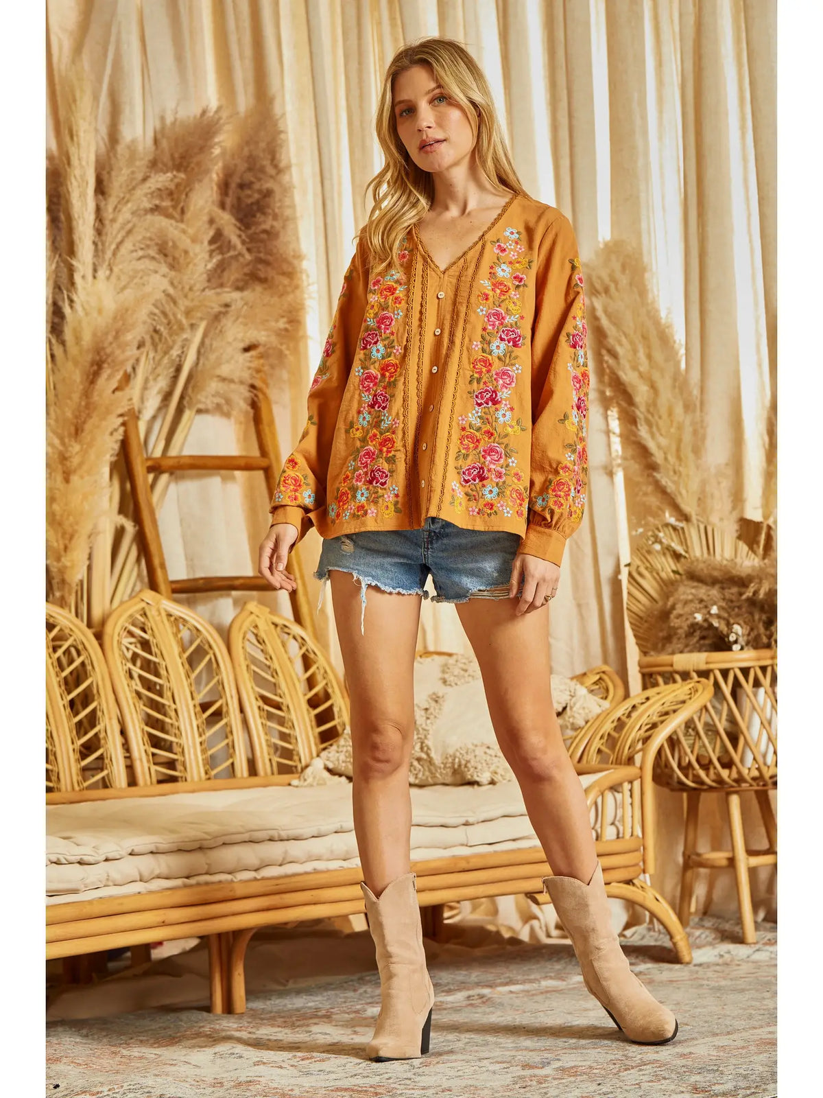 Allie Floral Mustard Embroidered Top