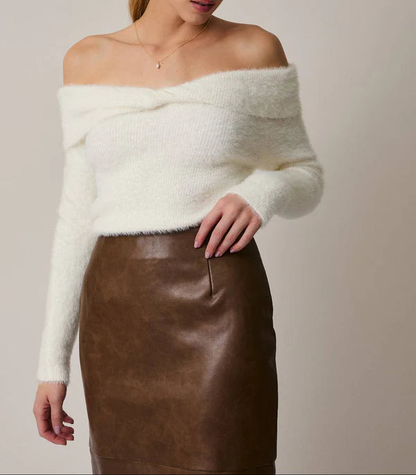 Off Shoulder Long Sleeve Twister Fuzzy Cream Sweater