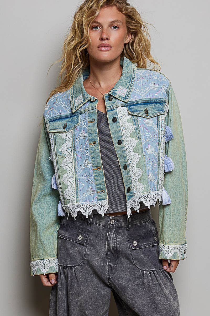 POL Vintage Embroidered Sparkle Metal Button Down Denim Jacket