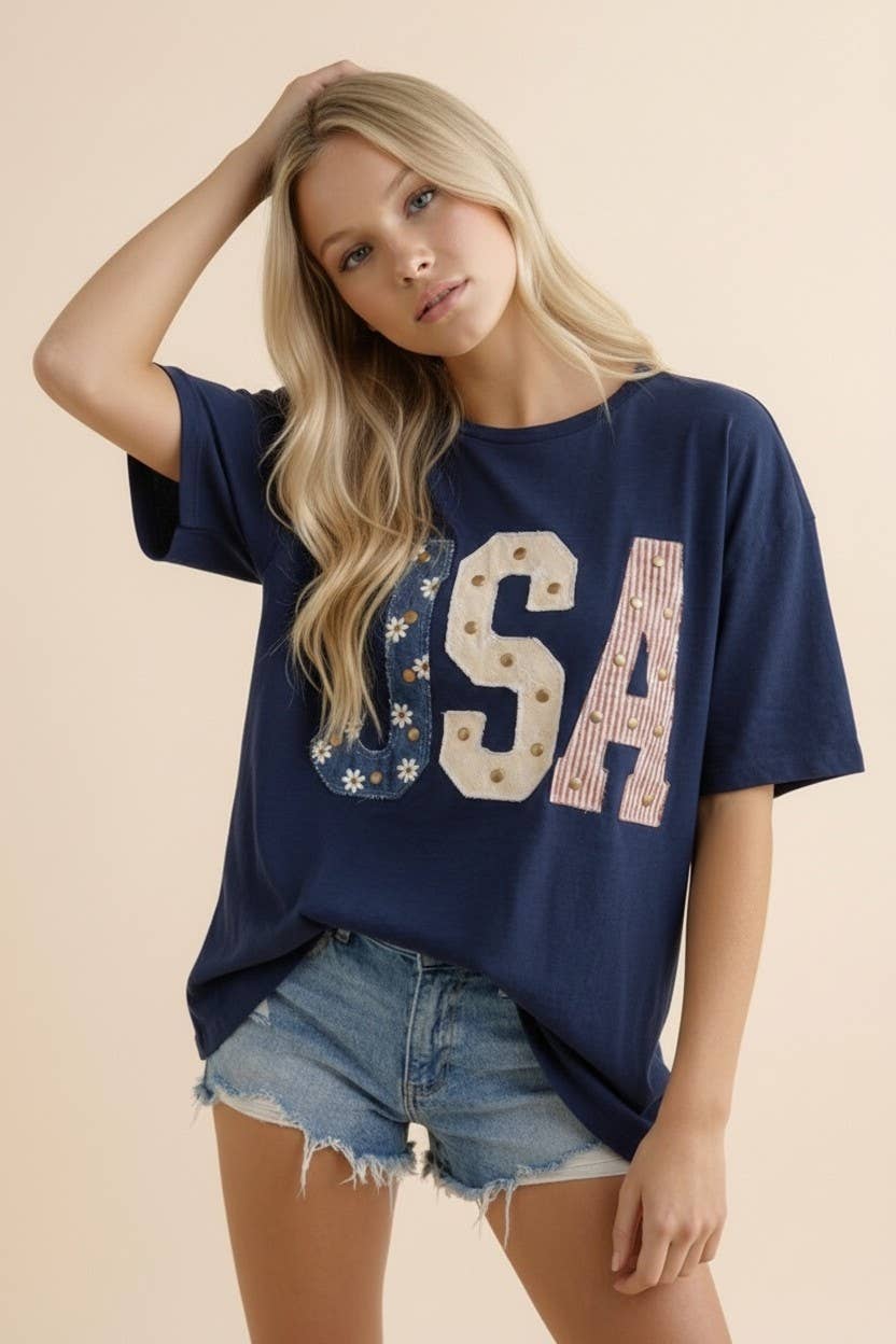 Patriot Navy Studded USA Mixed-Media Tee