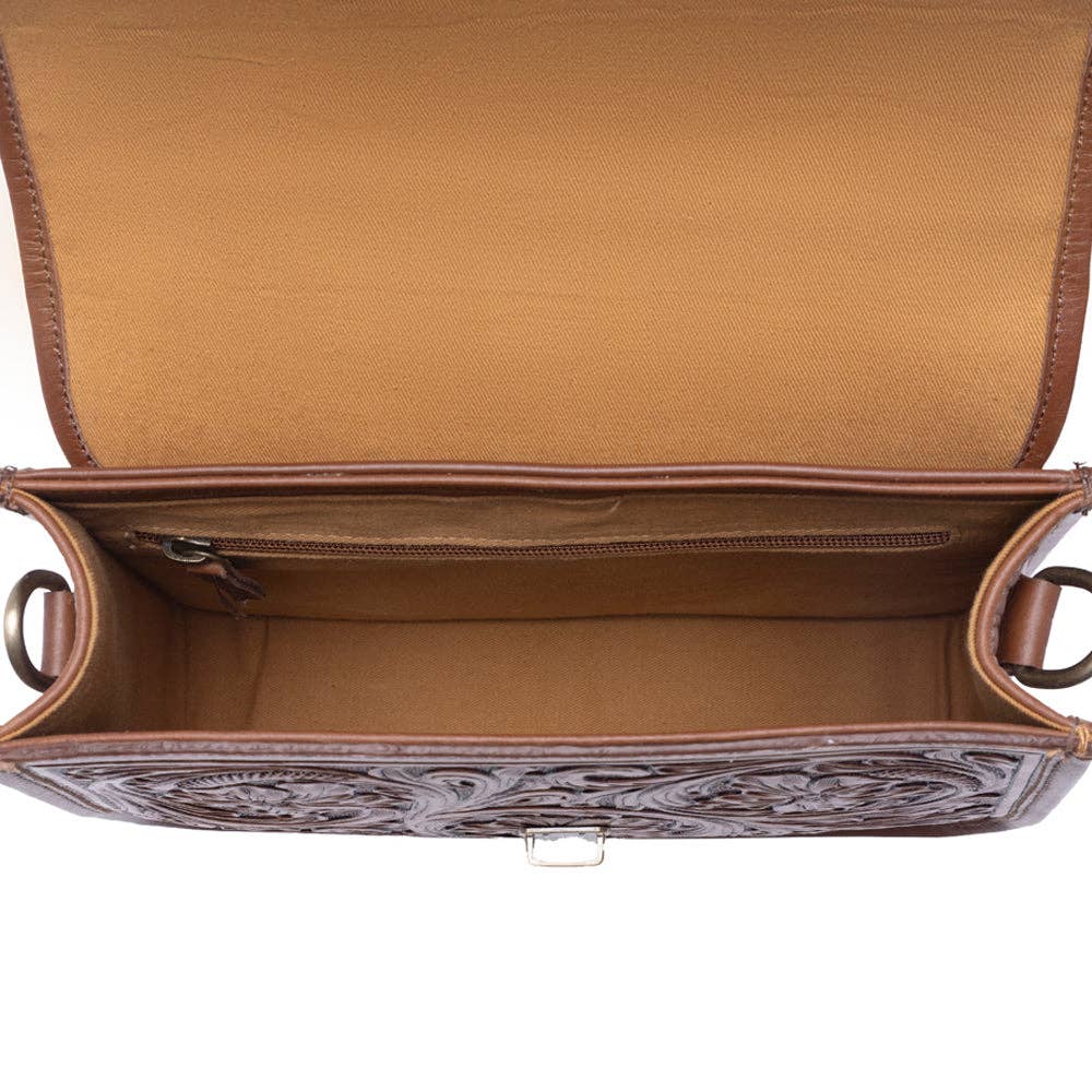 Duchess Hairon Handtooled Flap and Button Leather Satchel