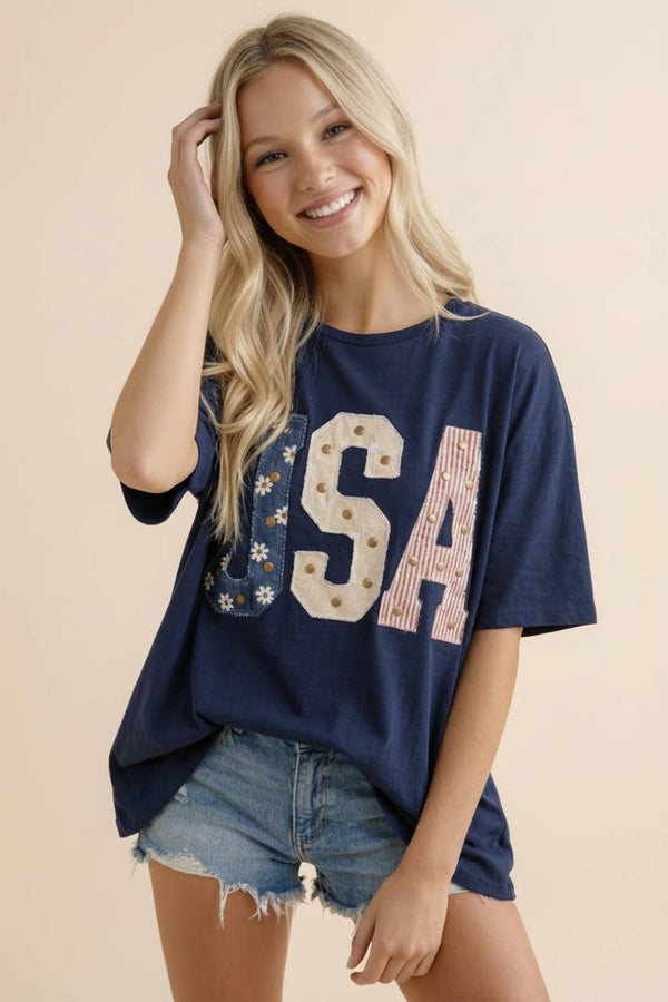 Patriot Navy Studded USA Mixed-Media Tee
