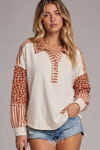 Soft Mixed-Media Floral & Stripe Oversized Collared Top