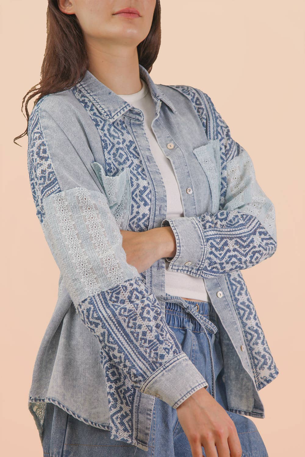 Washed Denim Contrast Oversized Shirt