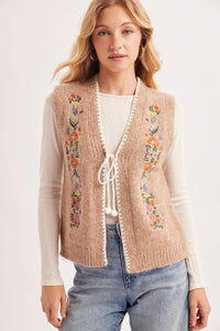 Vintage Embroidered Self-Tie Front Knit Vest