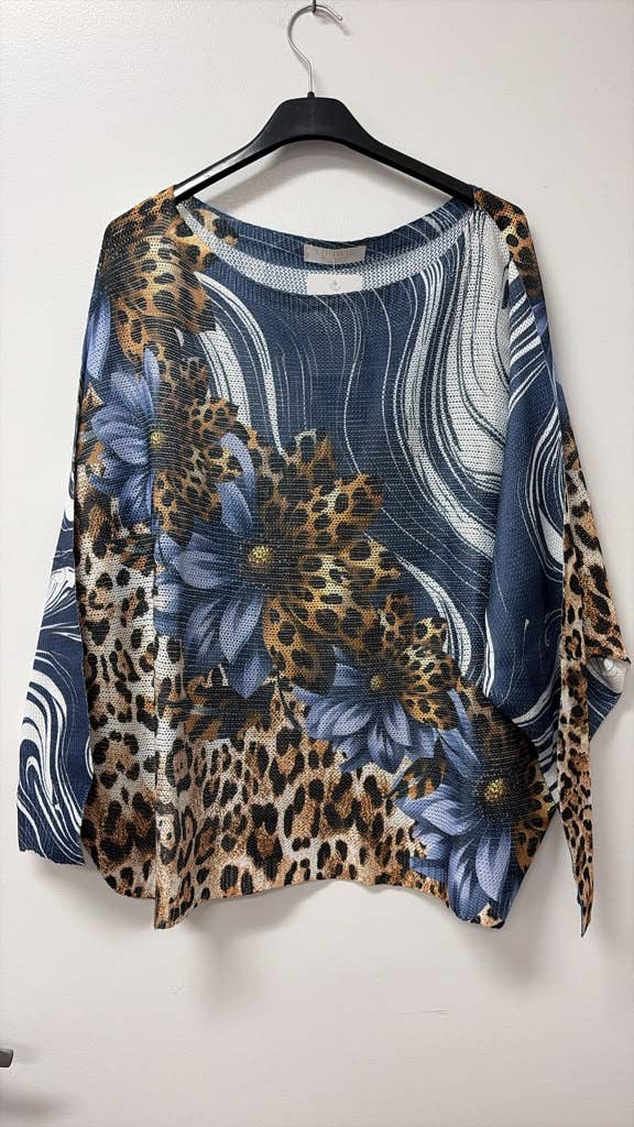 Leopard Daisy Swirl Print Knit Sweater Navy One Size