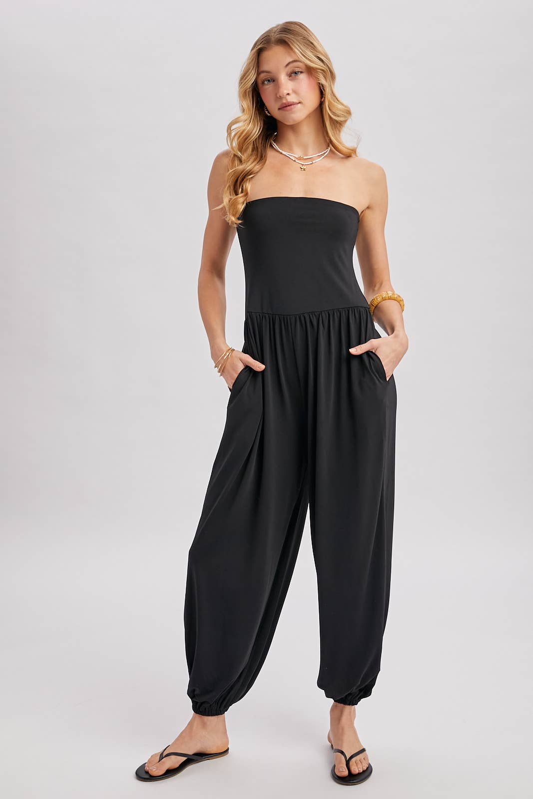 Strapless Ruched-Ankle Jumpsuit