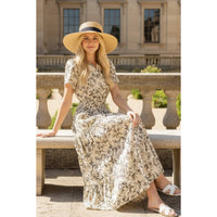 Romantic Rose Print Smocked Tiered Short Sleeve Maxi Dress