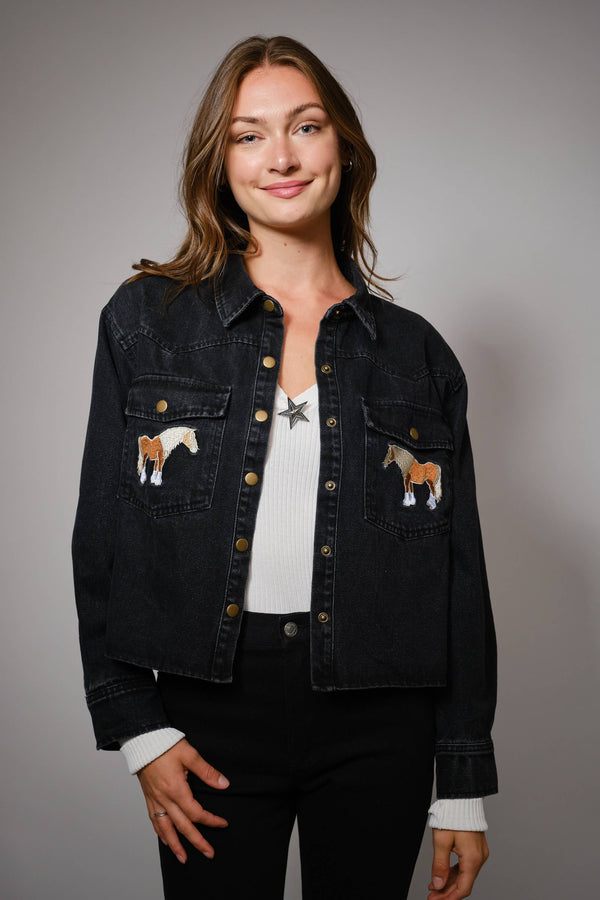 Horse Embroidered Cropped Denim Shirt