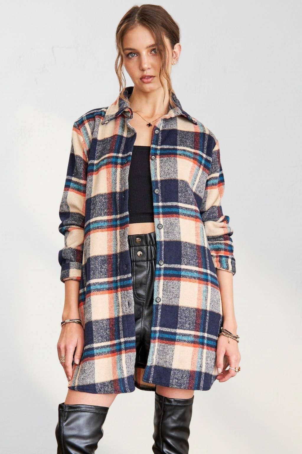 Women's Longline Plaid Flannel Shacket Jacket