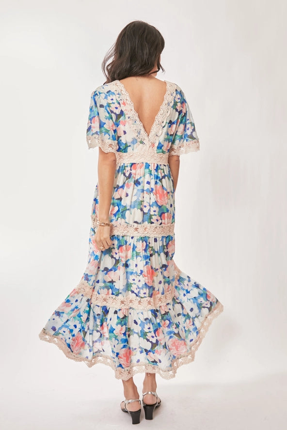 Water Painting Floral Maxi Dress, Lined with Pockets