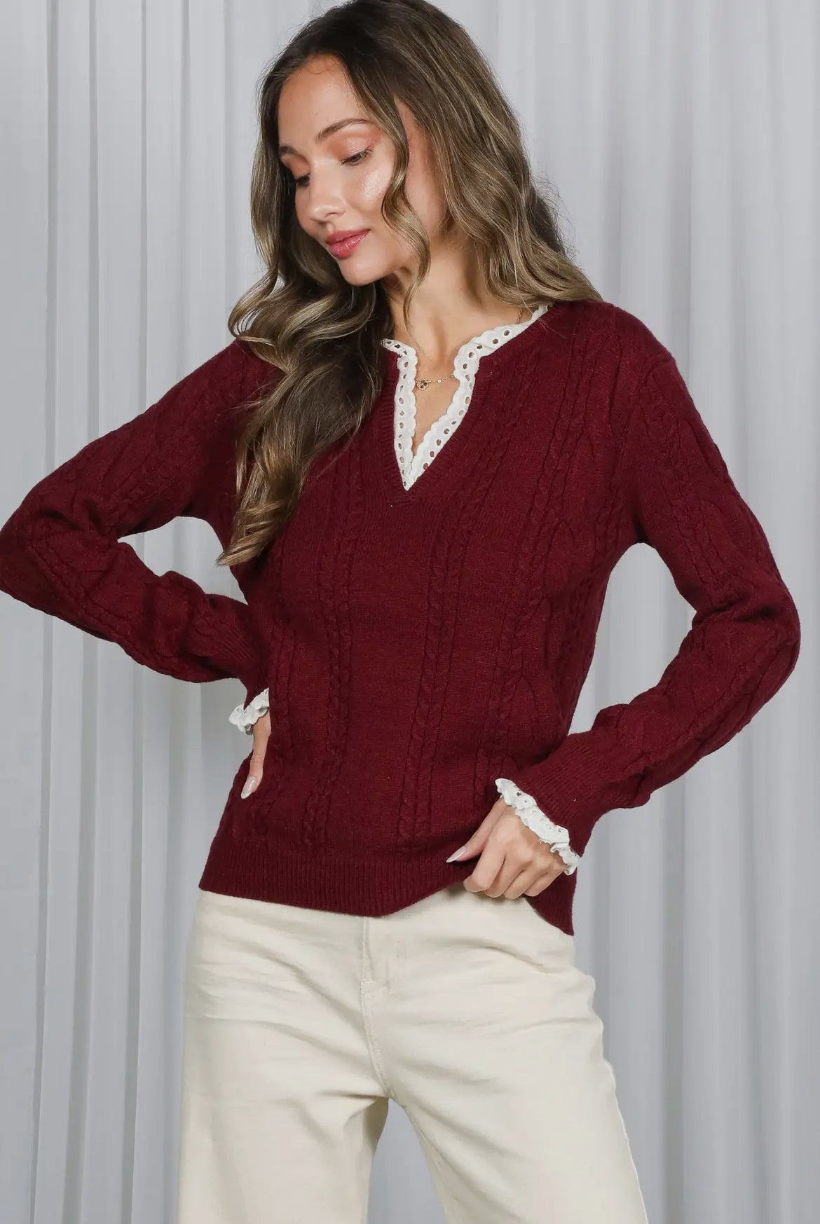 Lace V-Neck Cable Knit Sweater