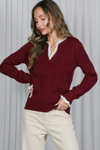 Lace V-Neck Cable Knit Sweater
