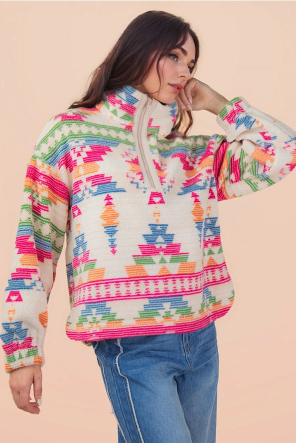 Pink Mix Half Zip Up Aztec Fleece Jacket
