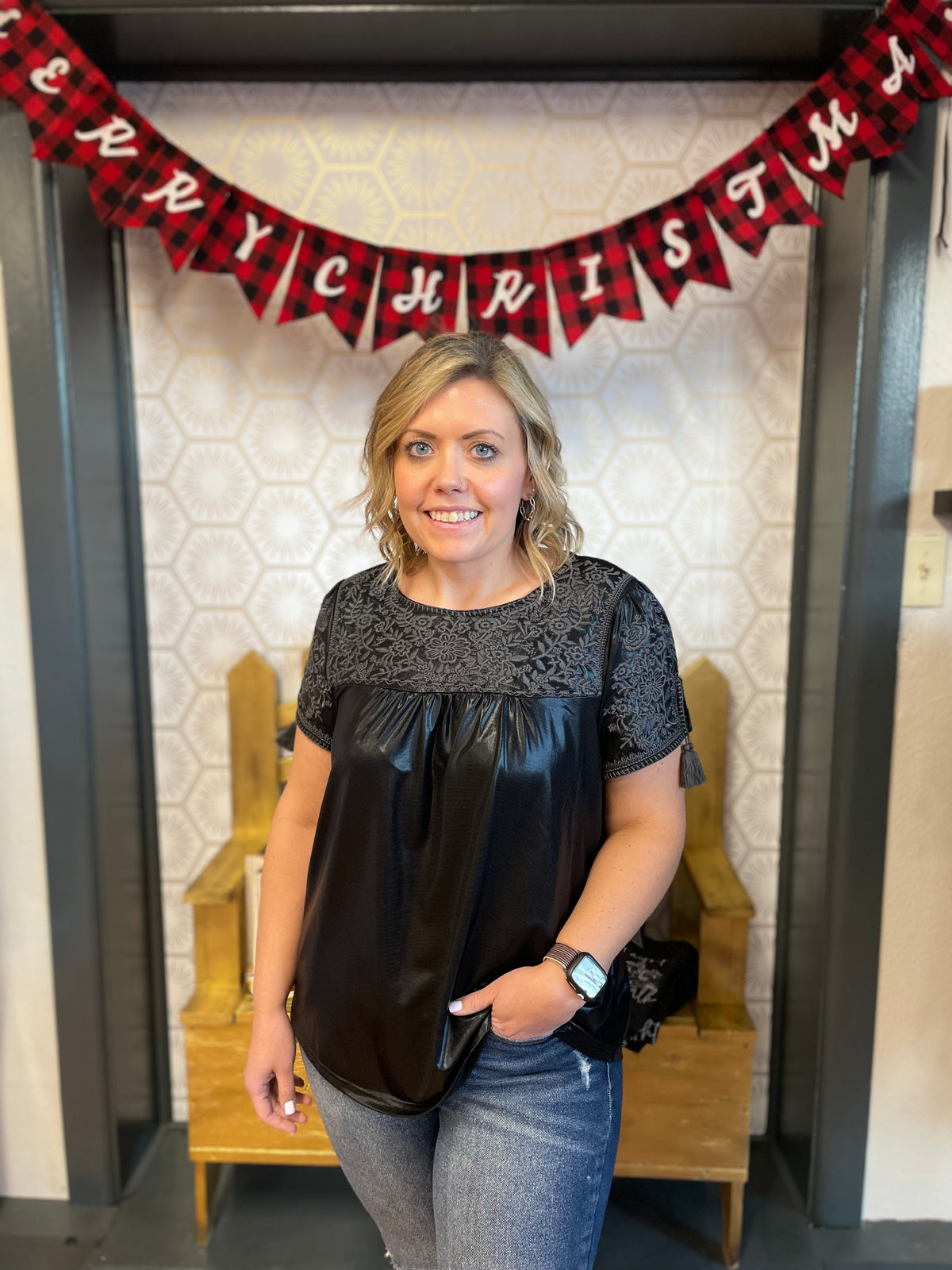 All That Shines Metallic Black Embroidered Top