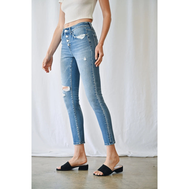 Mica Denim Lt Blue Mid Rise Ankle Skinny with Button Up