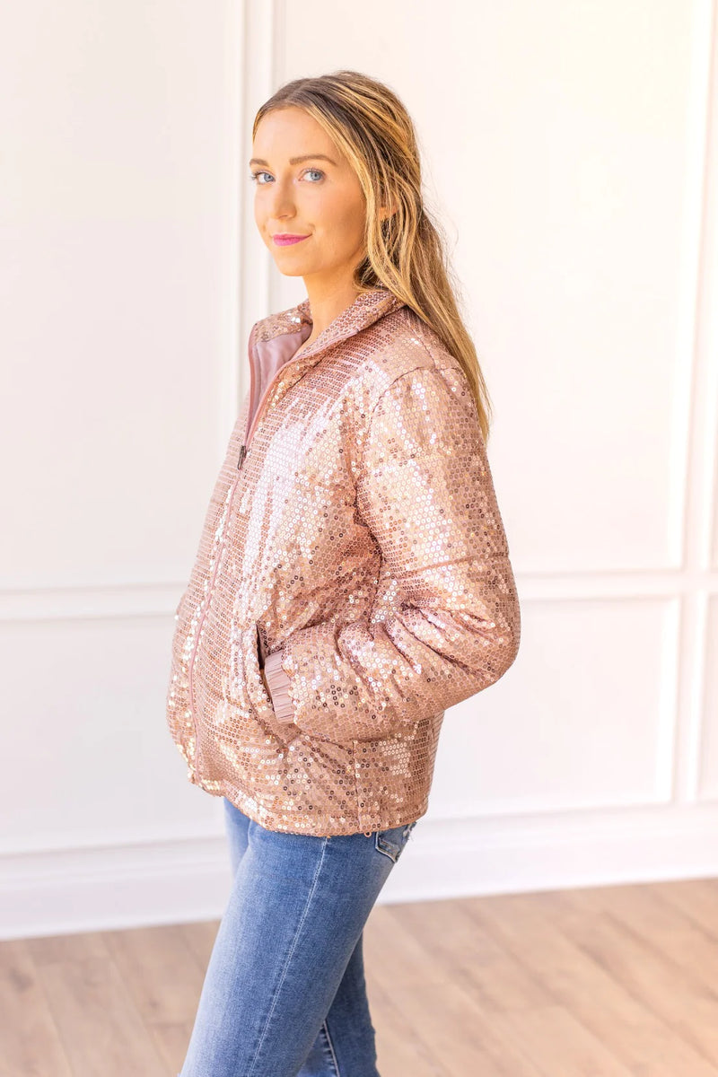 Midnight Trails Rose Gold Sequin Puffer Jacket