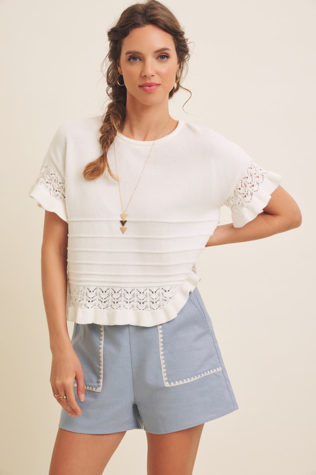 Pointelle Detailed Ruffled Hem Sweater Top