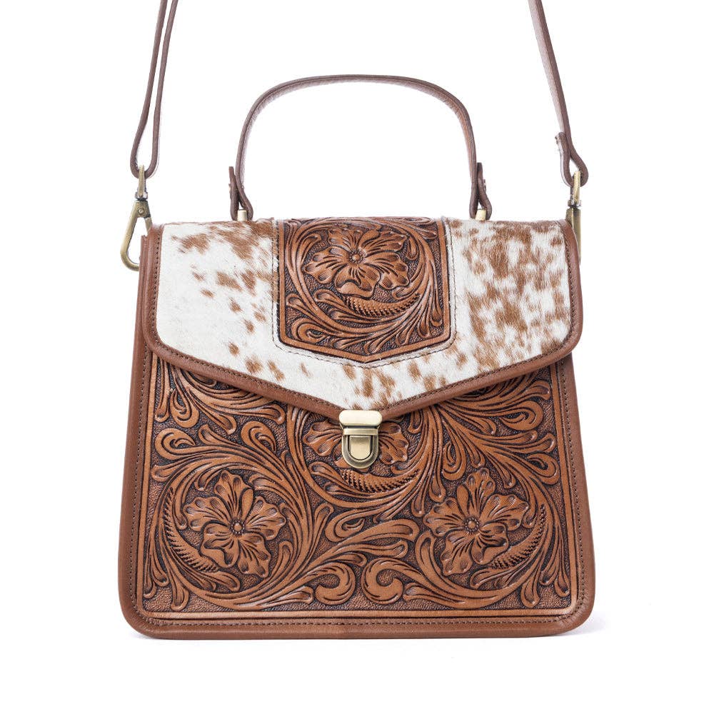 Duchess Hairon Handtooled Flap and Button Leather Satchel