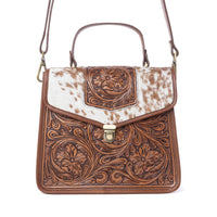 Duchess Hairon Handtooled Flap and Button Leather Satchel
