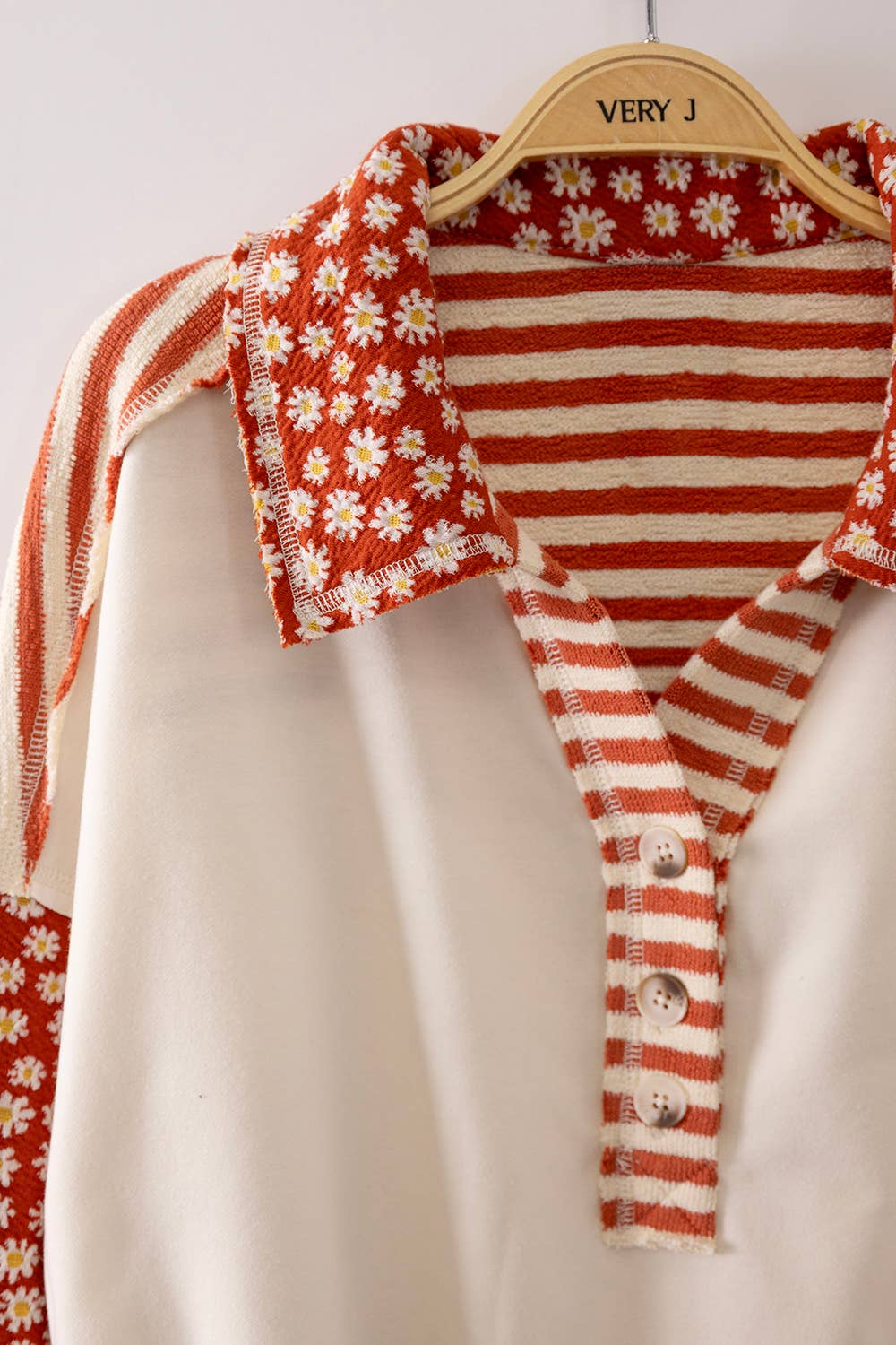 Soft Mixed-Media Floral & Stripe Oversized Collared Top