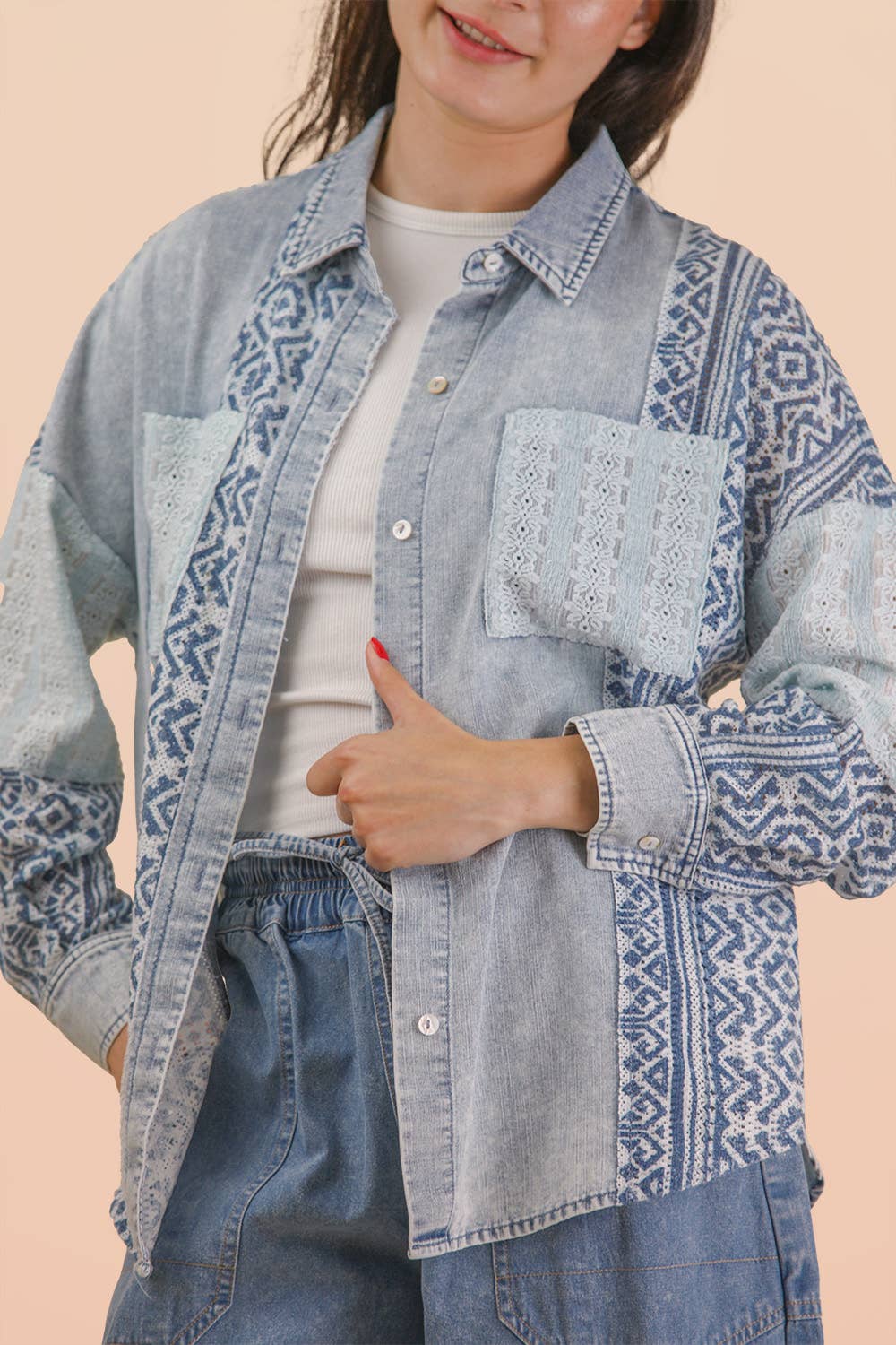 Washed Denim Contrast Oversized Shirt