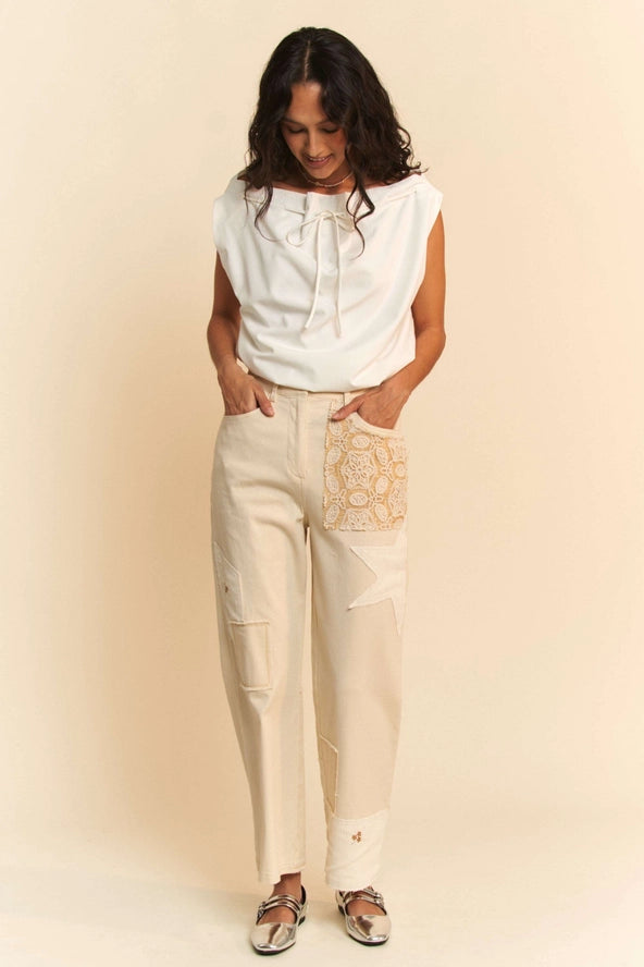 Contrasting Fabric Patch Stretch Denim Jeans