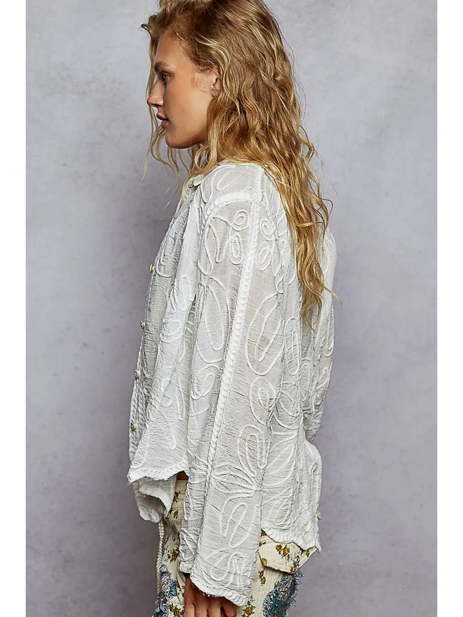 POL White Long Sleeve Crochet Embroidered Top
