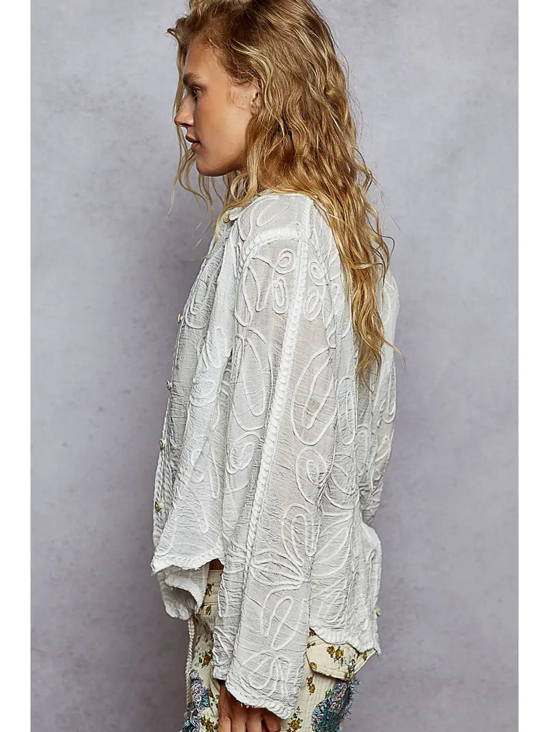 POL White Long Sleeve Crochet Embroidered Top