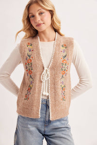 Vintage Embroidered Self-Tie Front Knit Vest