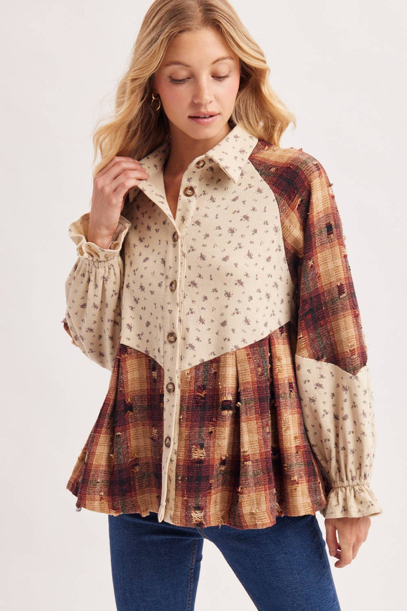 Boho Ditsy Button Down Patchwork Plaid Tunic