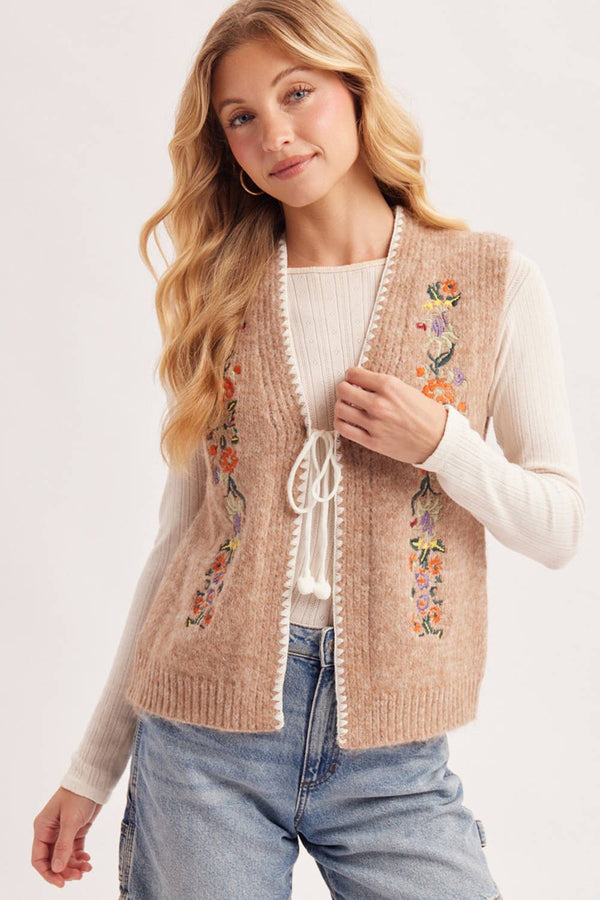 Vintage Embroidered Self-Tie Front Knit Vest