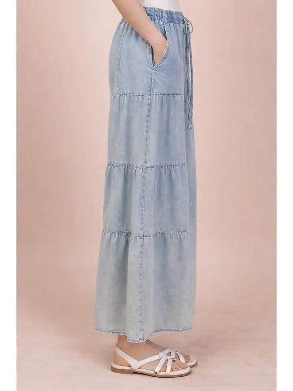 Tiered Chambray Wide Leg Pants