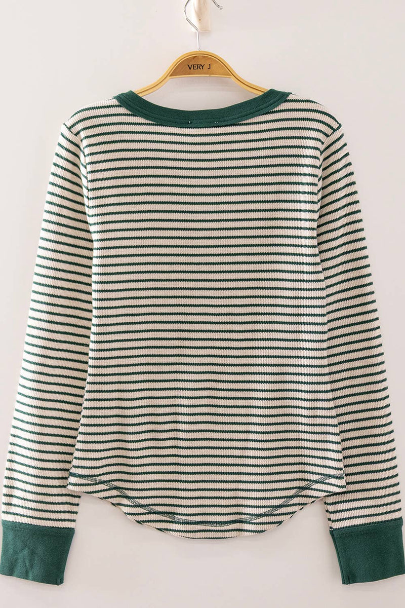 Striped Ribbed Henley Long Sleeve Top